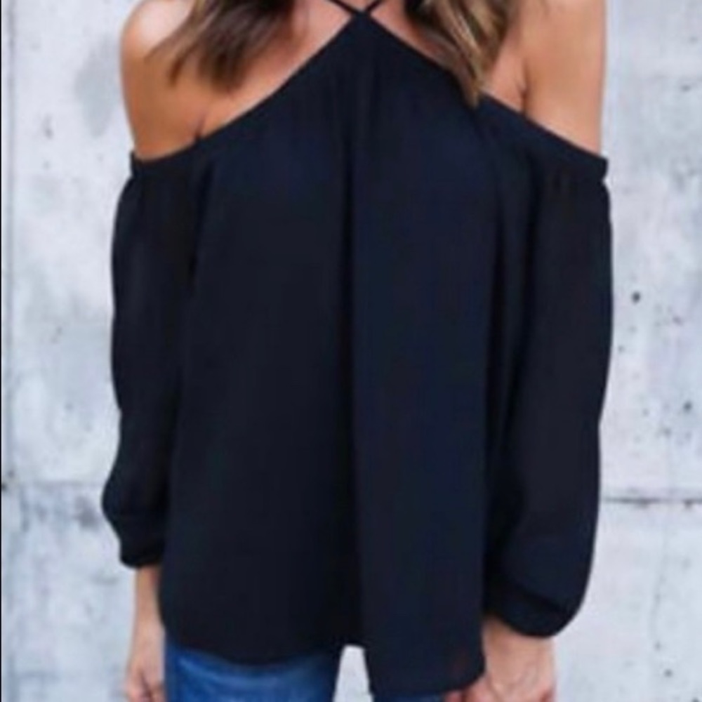 Women Black Cold/Off the Shouder Halter Top S